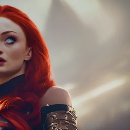 Prompt: an action shot full focused on Sophie turner as Miss Fortune in League of Legends, 4K, cinema, imax, hyperreal, full body shot