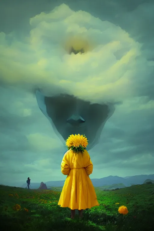 Image similar to closeup girl with huge yellow dahlia flower face, intricate, standing on mountain, surreal photography, blue storm clouds, dramatic light, impressionist painting, digital painting, artstation, simon stalenhag