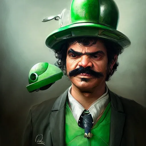 Image similar to hyper realistic, realistic - anime, portrait, beautifully rendered, italian garb the future, scifi, caricature, luis guzman as luigi wearing green, smirking deviously, luigi, luigi's nose, painted by gustave courbet, greg rutkowski, wlop, artgerm, dishonored 2,