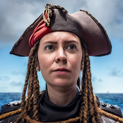 Image similar to interview with a female captain of the spanish pirates frigate, photo portrait, symmetry, awesome exposition, very detailed, highly accurate, professional lighting diffracted lightrays, 8 k, sense of awe