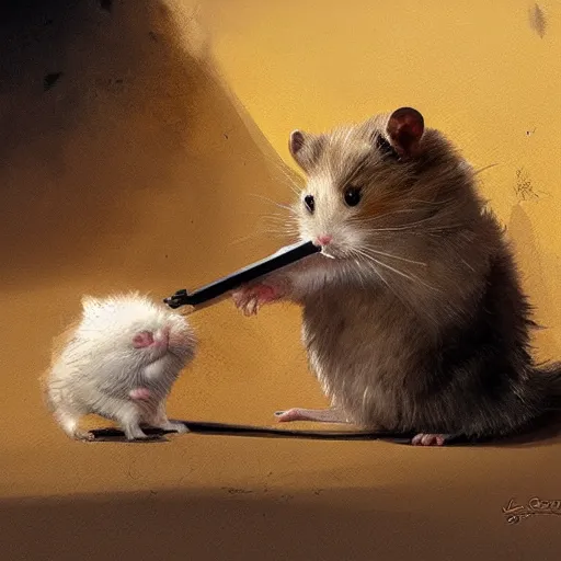 Image similar to a hamster killing a cat by greg rutkowski