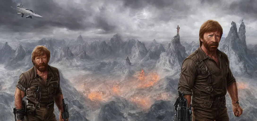 Prompt: Chuck Norris saving the world, matte painting, digital art, award-winning art, dramatic, trending on artstation, detailed, highly detailed, 8k