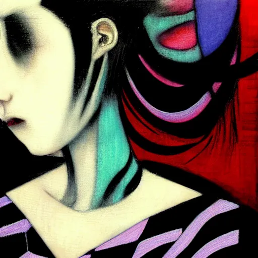 Prompt: yoshitaka amano blurred and dreamy realistic three quarter angle painting of a young woman with black lipstick and black eyes wearing dress suit with tie, junji ito abstract patterns in the background, satoshi kon anime, noisy film grain effect, highly detailed, renaissance oil painting, weird portrait angle, blurred lost edges