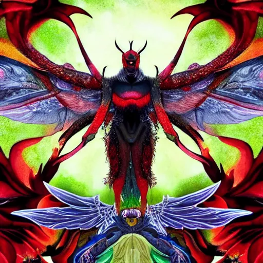 Prompt: 4K headshot of godlike mothman with defined arms and open hands and bloody clothes with giant mandala wings , intricate face , flawless anime cel animation by Kentaro Miura, psychedelic , highly detailed upper body , professionally post-processed , beautiful, scary, symmetry accurate features, epic, octane rendered, anime masterpiece, accurate