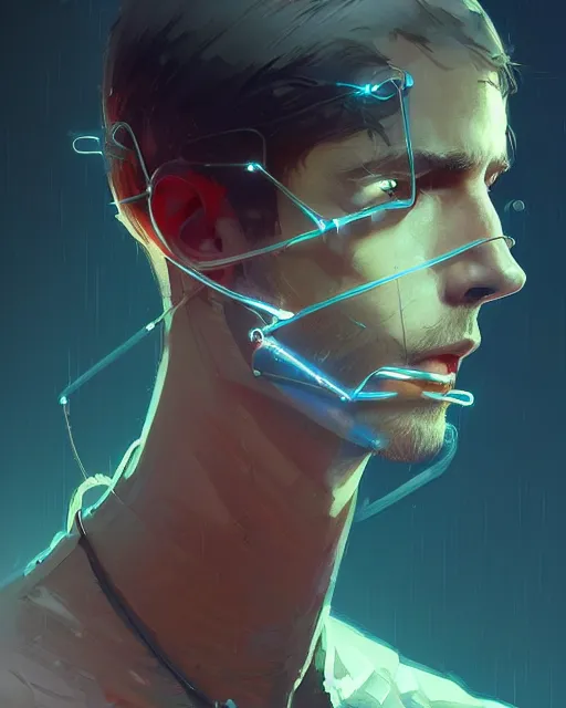 Prompt: a handsome man, sci - fi, mechanical parts, rugged, masculine, sharp jaw, digital painting by ilya kuvshinov, greg rutkowski, wlop, james jean, victo ngai, beautifully lit, muted colors, highly detailed, fractal glass, intricate wires, dynamic pose, artstation, fantasy art by craig mullins