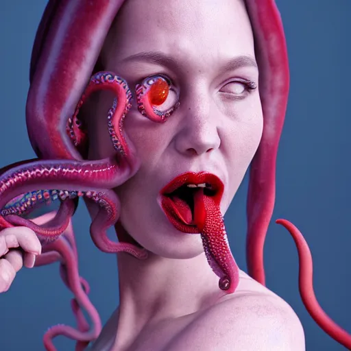 Prompt: highly photorealistic expired fuji film portrait of woman with long tentacled tongue, unreal engine 5, high octane render, award winning photography