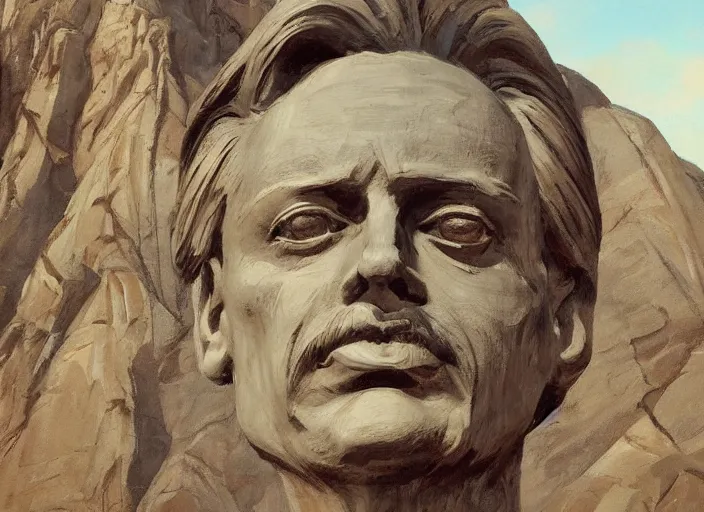 Prompt: a highly detailed beautiful portrait of the face of steve buscemi carved on mountain rushmore, by gregory manchess, james gurney, james jean. wide landscape.