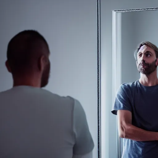 Prompt: A man looking at himself in the mirror, with the reflection being a ghost