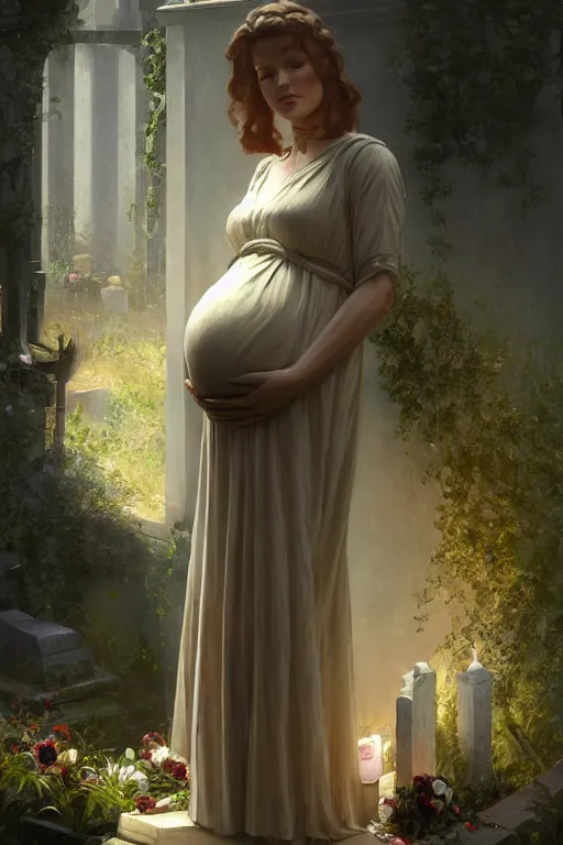 Image similar to portrait of a pregnant widow next to the grave, illustration, dramatic lighting, soft details, painting oil on canvas, art deco, octane render, HDR, 4k, 8k, HD, by Edmund Blair Leighton, Brom, Charlie Bowater, trending on artstation, faces by Tom Bagshaw, Sargent