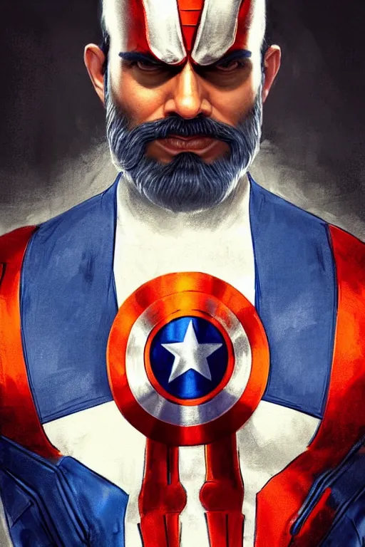 Image similar to Narendra Modi as Captain America, claws are up, red and blue Captain America costume, Narendra Modi hairstyle and beardstyle, calm, grumpy, portrait, masculine figure, highly detailed, digital painting, artstation, concept art, smooth, sharp focus, illustration, cinematic lighting, art by artgerm and greg rutkowski and alphonse mucha