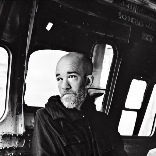 Image similar to photograph of michael stipe in the cab of a steam locomotive by anton corbijn