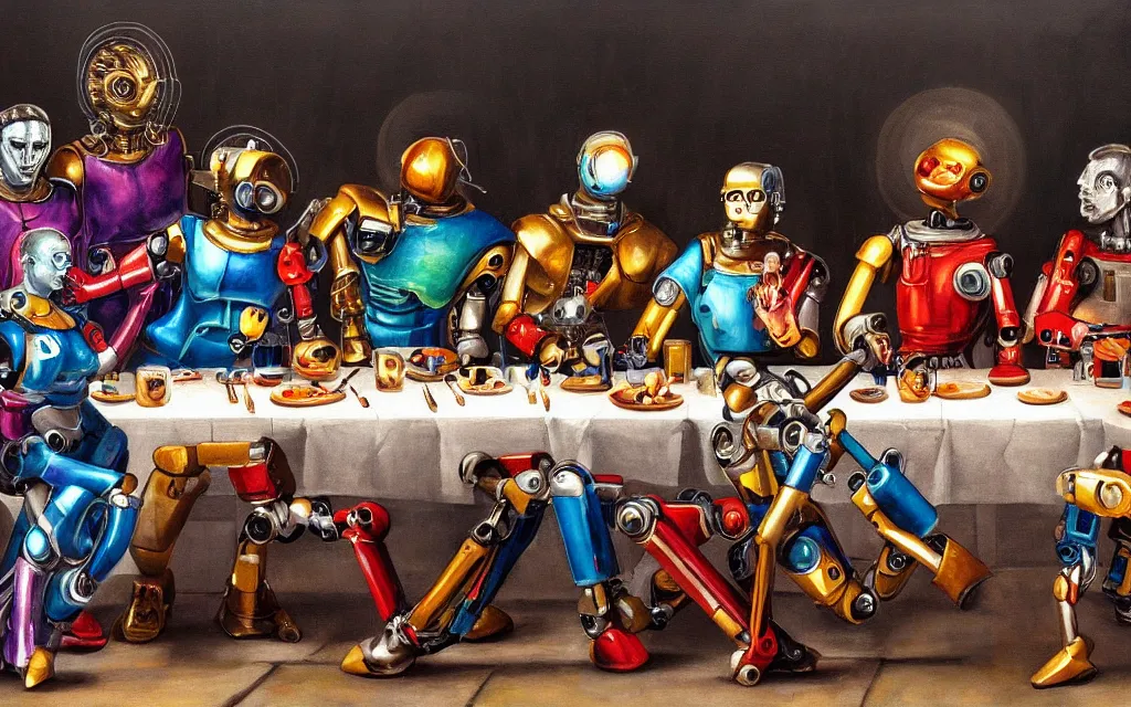 Image similar to last supper painting of various robots, cyborgs and androids