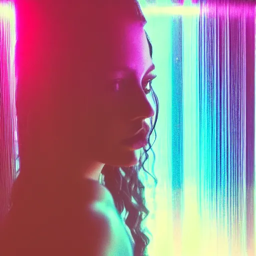 Image similar to goldenhour selfie photo of a stunningly beautiful model with large symmetrical violet eyes and flowing iridescent hair, rainbow light spectrum caustics and shadows cast by the blinds