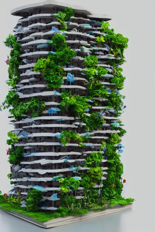 Prompt: 3 d printed physical model organic flowy including more than one city into one vertical building model that sits on a table in a room with a view back, multiple stories, with lush vegetation, colorful, 8 0 k, octane render, highly detailed 3 d render,