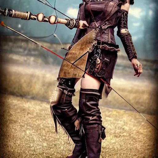 Prompt: steampunk female archer hyperrealistic