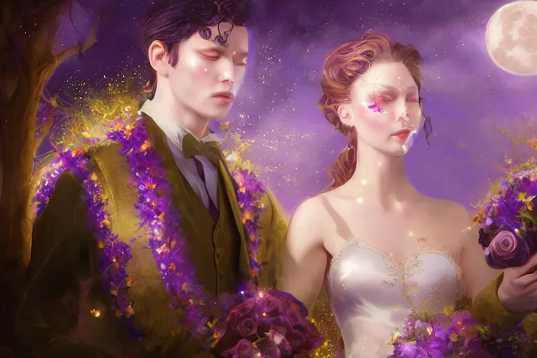 Image similar to a dreamlike cinematic portrait of wedding photograph close up moment of a divine a russia sun god and moon goddess lovers magician at a wedding banquet. portraiture. digital painting. artstation. concept art. fantasy wedding photo. digital painting, 8 k realistic, hyper detailed, violet evergarden art masterpiece by art by krenz cushart