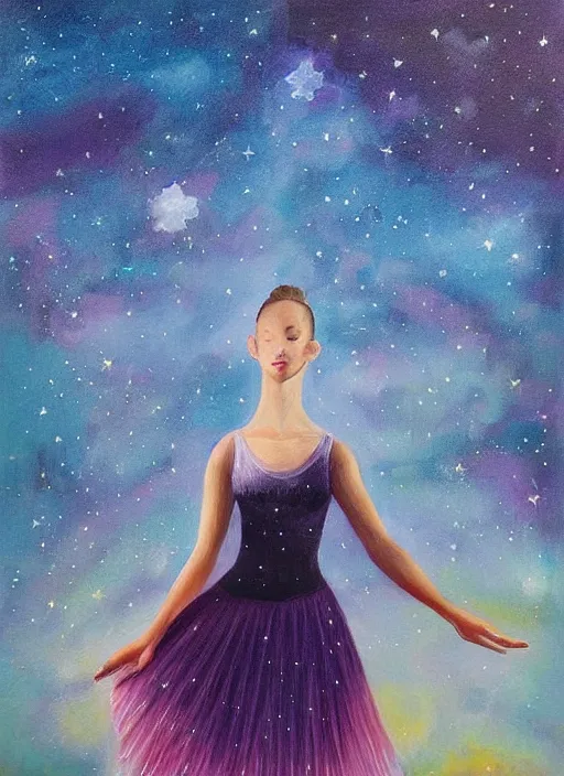 Image similar to ballerina in a dress looking at a starry sky, galaxy, beautiful, painting, highly detailed, soft light