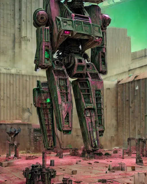 Image similar to hyperrealistic highly detailed exoskeleton mecha iridescent pink brutalist city ruins background concept art santiago caruso de chirico sharp very dramatic green light 8k low angle shallow depth of field