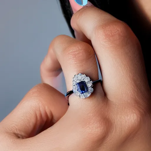 Prompt: wife wearing a ring with stunning 7 6 0 carat diamond adorned with blue sapphires