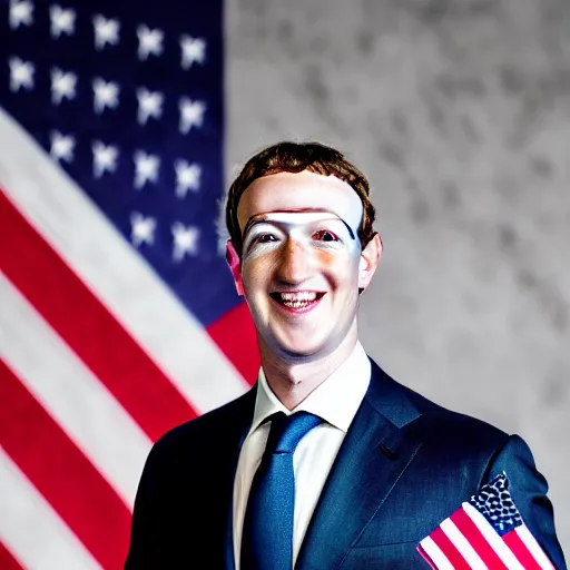 Image similar to Mark Zuckerberg the president of the united states wearing a black suit with a US Flag pin, EOS-1D, f/1.4, ISO 200, 1/160s, 8K, RAW, unedited, symmetrical balance, in-frame, Photoshop, Nvidia, Topaz AI