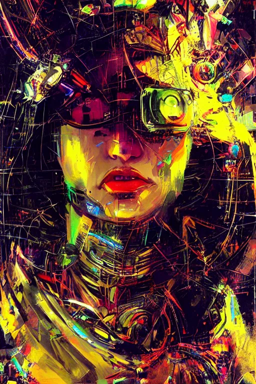 Image similar to portrait, headshot, digital painting, an delightfully mad techno - shaman lady, wink, synthwave, tensor field, glitch, refraction, fracture, realistic, hyperdetailed, chiaroscuro, concept art, art by john berkey