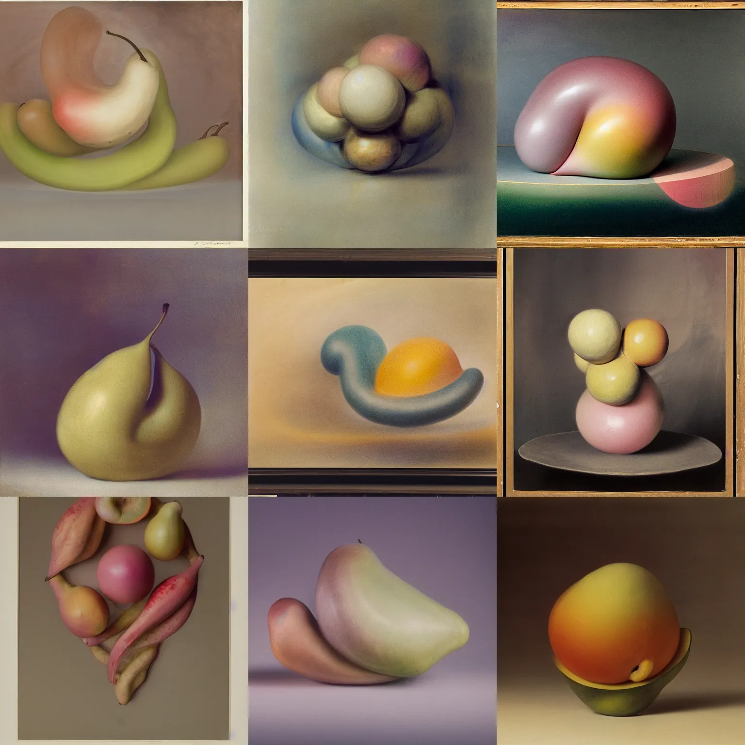 Prompt: one balanced asymmetrical biomorphic form with ombre light pastel colors, by jmw turner, professional fruit photography