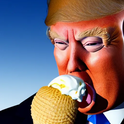 Image similar to Donald Trump eating a 99 flake ice cream, realistic artstyle, wide shot, dramatic lighting, octane render, hyperrealistic, high quality, highly detailed, HD, beautiful, cinematic, 8k, unreal engine, facial accuracy, symmetrical