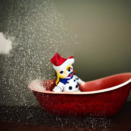 Image similar to A toy pirate ship in a bathtub. There is a storm in the bath, waves everywhere, dramatic photo, water particles