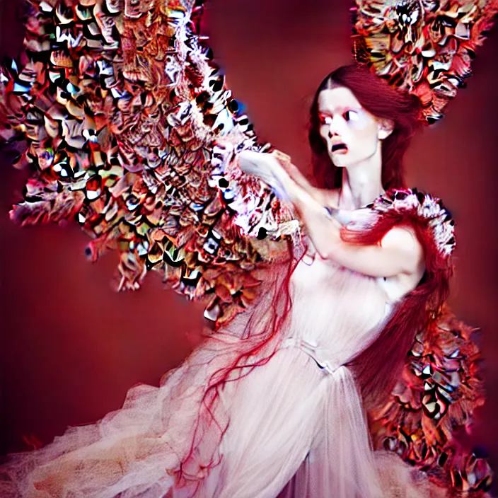 Prompt: photo portrait of a beautiful woman like a dark fallen angel, dressed in long elegant intricate ornamental white dress,intricate fractal ornament in the upper body, intricate baroque ornament in her red long hair, fine art photography by Giovanni Gastel, volumetric lighting, pastel colors scheme , hyper realistic photography in style of Vogue Fashion magazine