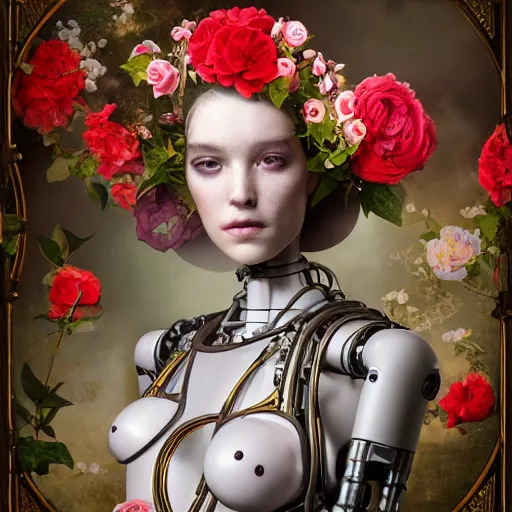 Prompt: a beautiful intricate fine art portrait photo of a a mechanical industrial steampunk cybernetic robot taking a milk bath surrounded by roses, by tom bagshaw and zach sutton, perfection!, milk bath photography, studio lighting, 35mm lens, very detailed, bionic, cybernetic scifi, deep depth of field, artstation, 8K, highly coherent