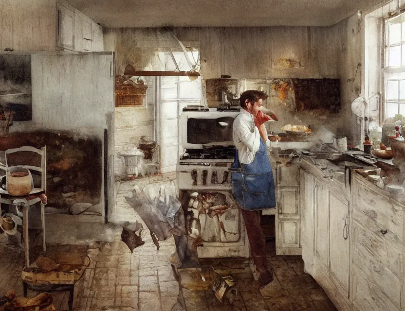 Prompt: jerma 9 8 5 cooking meat in a kitchen in country house, cottage core, cinematic focus, polaroid photo bleached vintage pastel colors high - key lighting, soft lights, foggy, by steve hanks, by lisa yuskavage, by serov valentin, by tarkovsky, 8 k render, detailed, oil on canvas