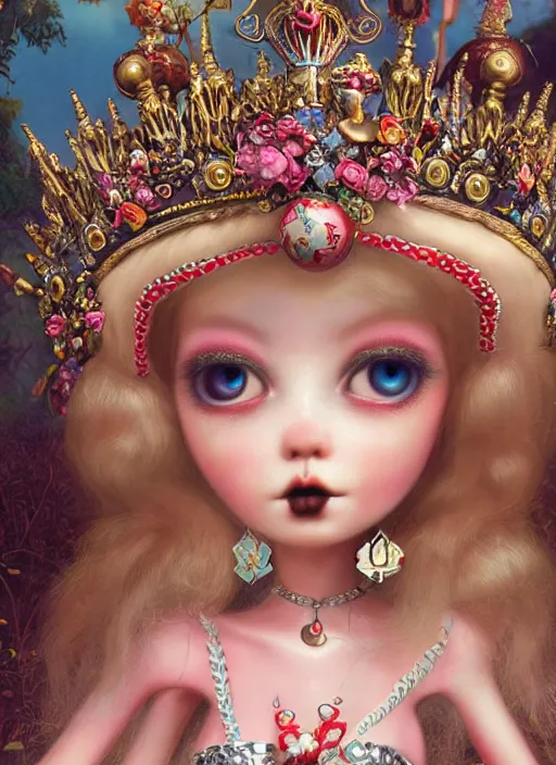 Image similar to highly detailed closeup, profile portrait of a tin toy goth fairytale princess wearing a crown, bikini, unreal engine, nicoletta ceccoli, mark ryden, earl norem, lostfish, global illumination, detailed and intricate environment