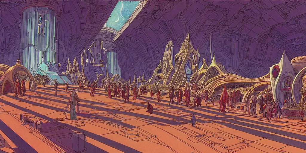 Prompt: cel shaded cinematic shot of the interior of a sci-fi space station with ornate Elven architecture bustling with people, epic castle, emerald, crystalline, detailed illustration, sharp focus, crisp lines, art by Moebius, Jean Giraud Moebius comic illustration