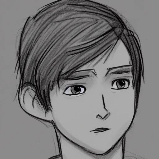 Image similar to simple sketch of a teenage boy with very short side part hair smiling trending on artstation