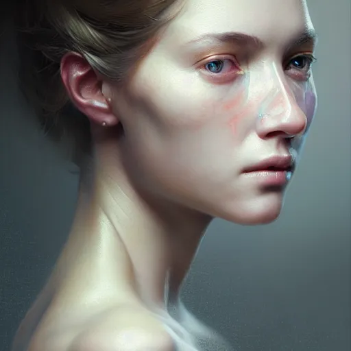 Image similar to a highly detailed portrait of a beautiful translucent woman, in the style of greg rutkowski, digital photography, photorealistic, realistic, extreme detail