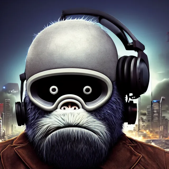 Image similar to a portrait of an anthropomorphic cyberpunk yeti in a motorcycle helmet, detailed render, tape deck, boombox, headphones, epic composition, cybernetics, 4 k realistic, cryengine, realistic shaded lighting, sharp focus, masterpiece, by matteo scalera, gary montalbano, peter elson in the style of the tokyo ghost comic