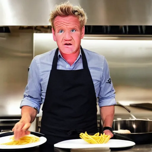 Prompt: < photo hd trending > gordon ramsey literally foaming at the mouth with hunger after seeing a gigantic bowl of spaghetti < / photo >