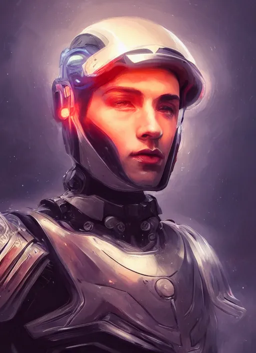 Image similar to portrait of handsome guy in cyber armor, dreamy and ethereal, expressive pose, black eyes, exciting expression, fantasy, intricate, elegant, many lightning, cold color, highly detailed, digital painting, artstation, concept art, cyberpunk wearing, smooth, sharp focus, led, illustration.