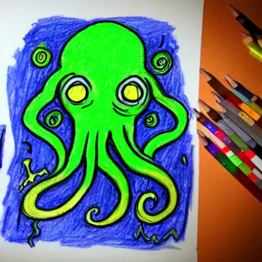 Prompt: crayon drawing of cthulhu drawn by a toddler