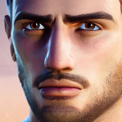 Prompt: close up photo of a handsome mediterranean man, green eyes, short blond hair, realistic, very detailed face, 8 k, symetry!!