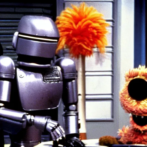 Image similar to robocop beetlejuice, sesame street 1 9 7 8