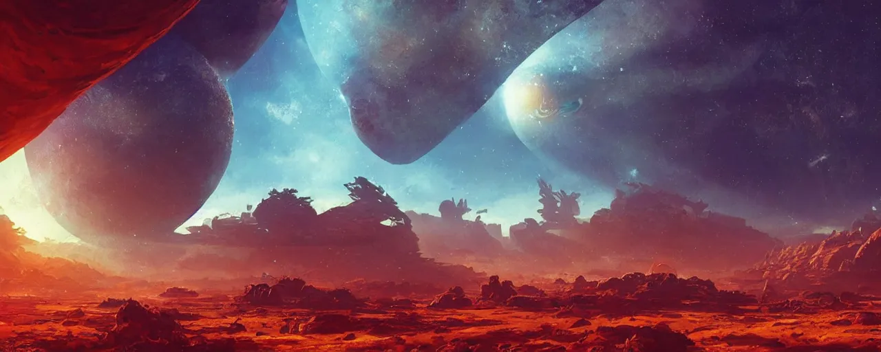 Image similar to ” outer planet with clear sky and vast plains, [ cinematic, detailed, epic, widescreen, opening, establishing, mattepainting, photorealistic, realistic textures, octane render, art by paul lehr ] ”