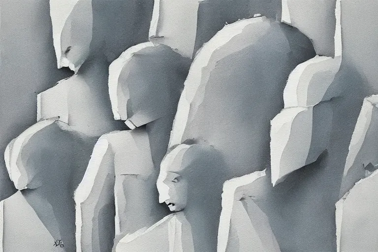 Prompt: “A frightening place. Their faces are concrete grey. Minimalist painting on a cream colored paper with torn edges in the style of Dima Rebus.”