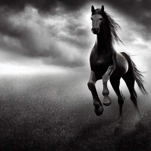 Prompt: horse in creepy scary nightmare atmosphere, realsitic