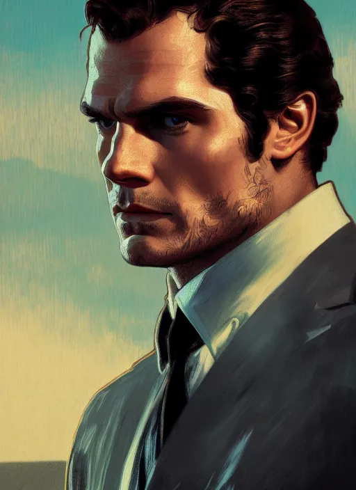 Image similar to portrait of henry cavill as james bond, key art, palm trees, vintage aston martin, highly detailed, digital painting, artstation, concept art, cinematic lighting, sharp focus, illustration, by gaston bussiere alphonse mucha