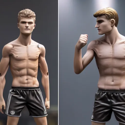 Image similar to a realistic detailed photo of a guy who is an attractive humanoid who is half robot and half humanoid, who is a male android, soccer players martin ødegaard & timo werner, shiny skin, posing like a statue, blank stare, in a factory, on display, showing off his muscles, gold soccer shorts, side view, looking at each other mindlessly