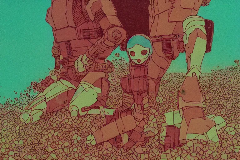 Image similar to risograph grainy drawing vintage sci - fi, satoshi kon color palette, gigantic gundam full - body covered in dead coral reef, 1 9 8 0, kodachrome, natural colors, comicbook spreadsheet, codex seraphinianus painting by moebius and satoshi kon and dirk dzimirsky close - up portrait