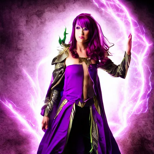 Image similar to high quality photograph of a woman cosplaying as a half-elf sorceress, purple hair, 35 years old, magical chaotic lights dance around her, dark and ominous background