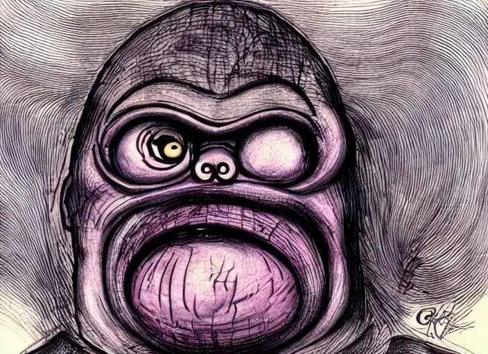 Image similar to a high quality illustration of grimace from mcdonalds by HR Giger, ink pen manga , 8k.