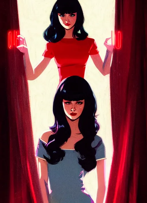 Image similar to portrait of veronica lodge with bangs, 1 9 6 0 s, long hair, red clothes, bangs, intricate, elegant, glowing lights, highly detailed, digital painting, artstation, concept art, smooth, sharp focus, illustration, art by wlop, mars ravelo and greg rutkowski